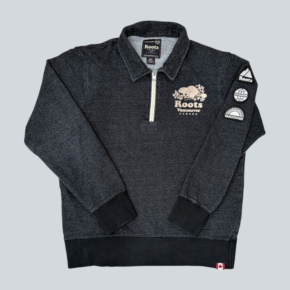 Roots Canada 1/4 Zip Sweatshirt Mens Small Embroidered Patches Beaver Logo